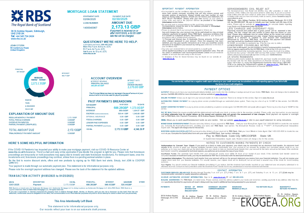 Royaume , Uni Relevé de prêt hypothécaire bancaire de la Royal Bank of Scottish (RBS) aux formats Word et PDF, 4 pages 1, 2